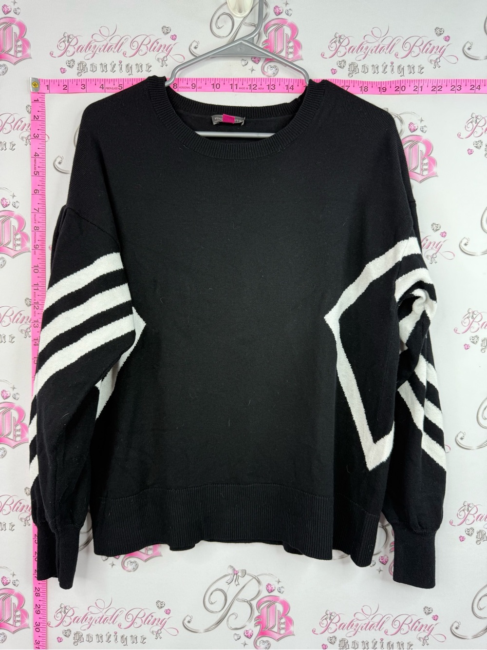 Vince Camuto Black Crewneck Sweater with White Stripe Accents